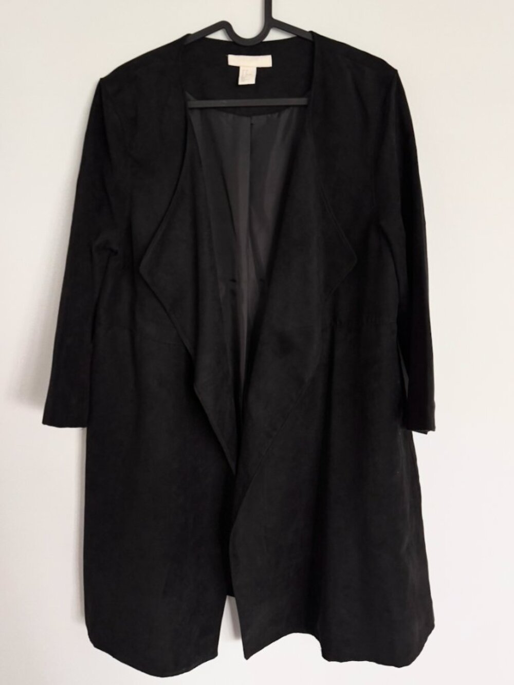 H&M Black Faux Suede Waterfall Drape Jacket Open Front Coat Size 8